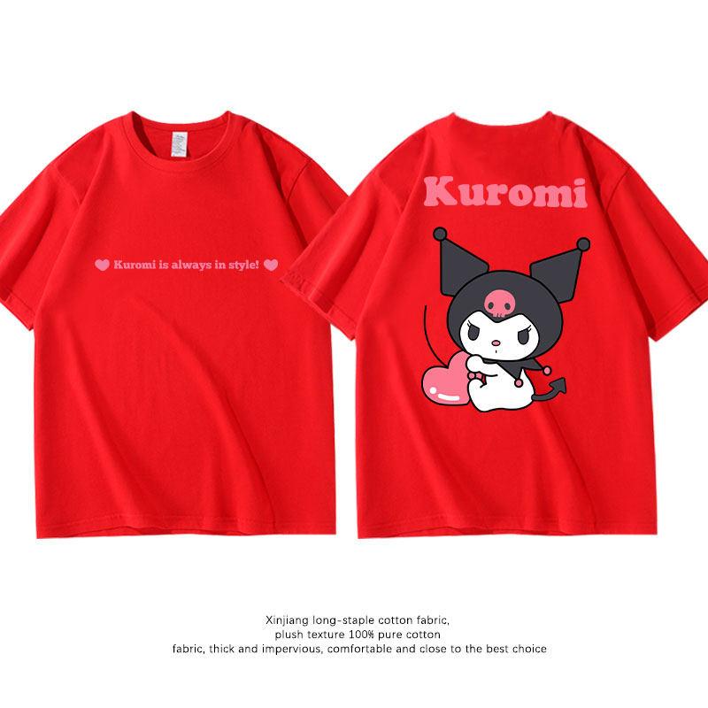 New Summer Pure Cotton Childrens Tshirt Kuromi Fashion Doublesided Printed Parentchild Outfit Round Neck Short Sleeved Shirt