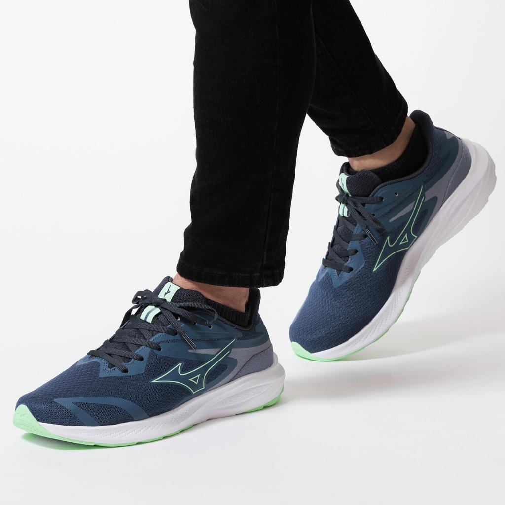 Mizuno Кроссовки Energy Runners для бега, джоггинга, тренировок, спорта, занятий в помещении, для повседневной носки, в школу, для физических упражнений, темно-синий x нео-мятный, размер 28,0 см, 3E