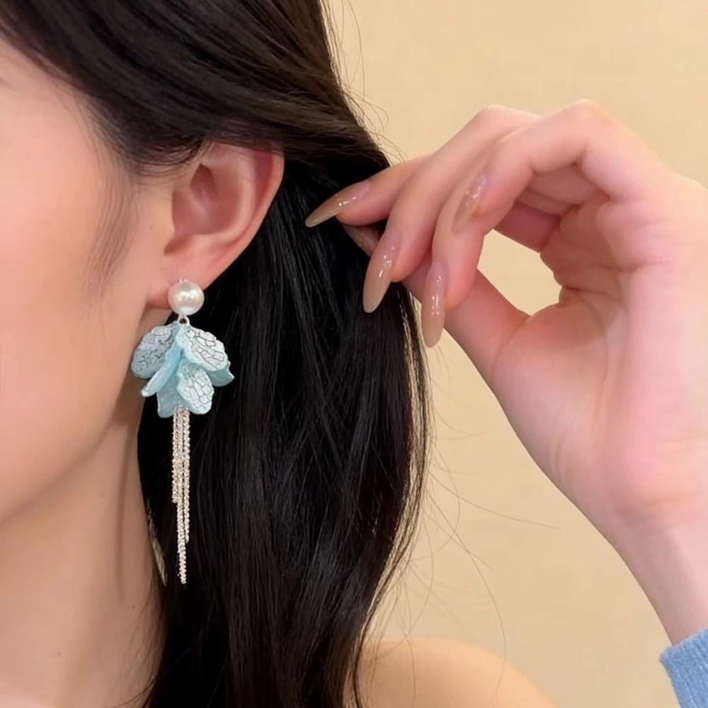 Peach Tea Color Tassel Earrings Blue Petal Design Fashion Jewelry Zinc Zinc Alloy Earrings Women's Jewelry