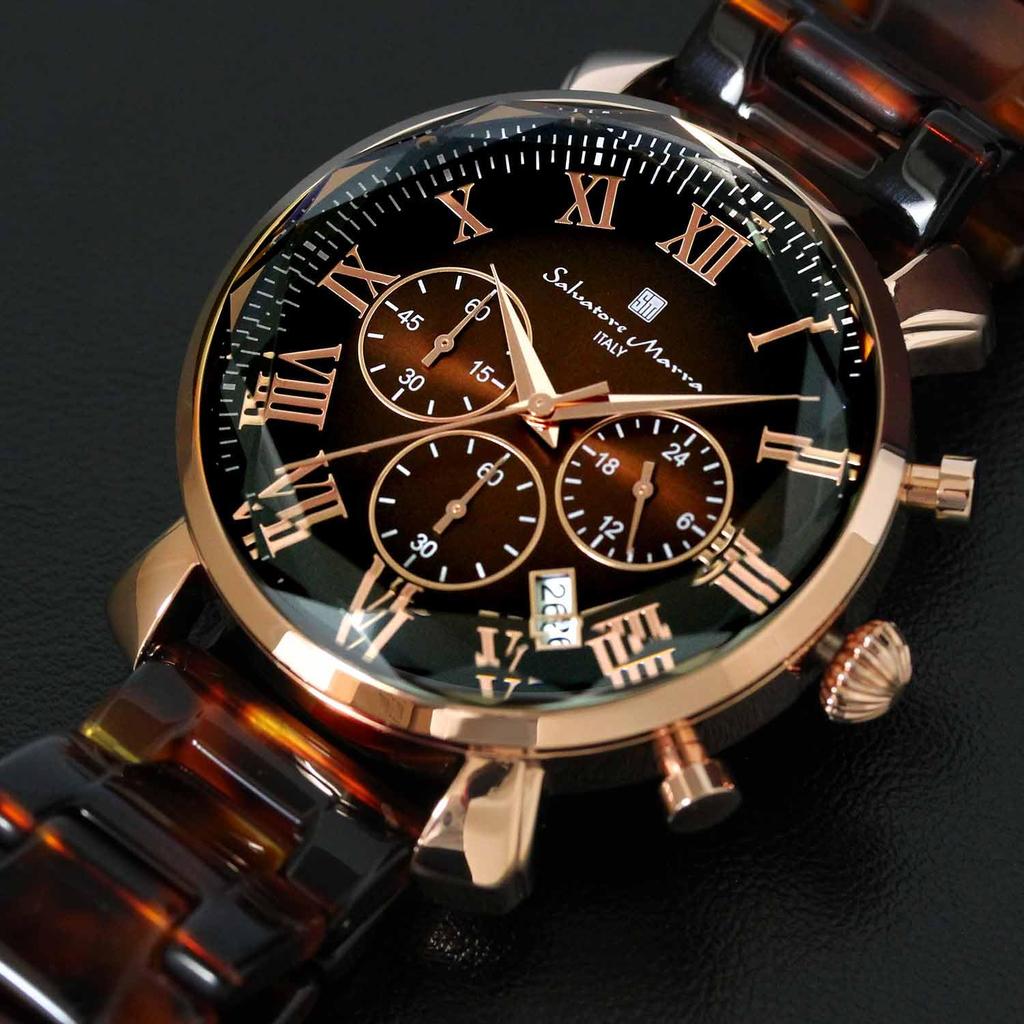 Salvatore Marra Men's Brown Watch, SM19104A-PGBR, Faceted Glass Chronograph with Acetate Strap and Gradient Design