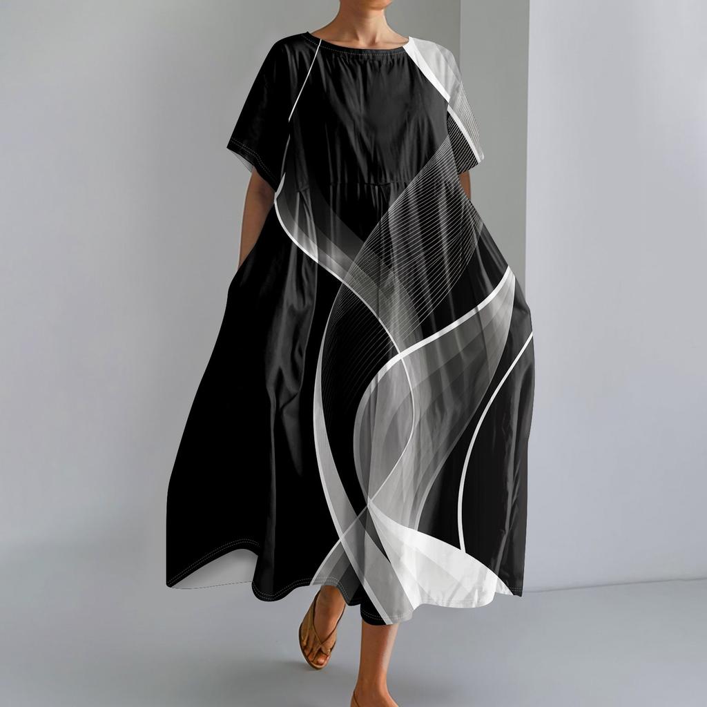 Women's Fashionable Print Round Neck Short Sleeved Loose Hem Pocket Dress