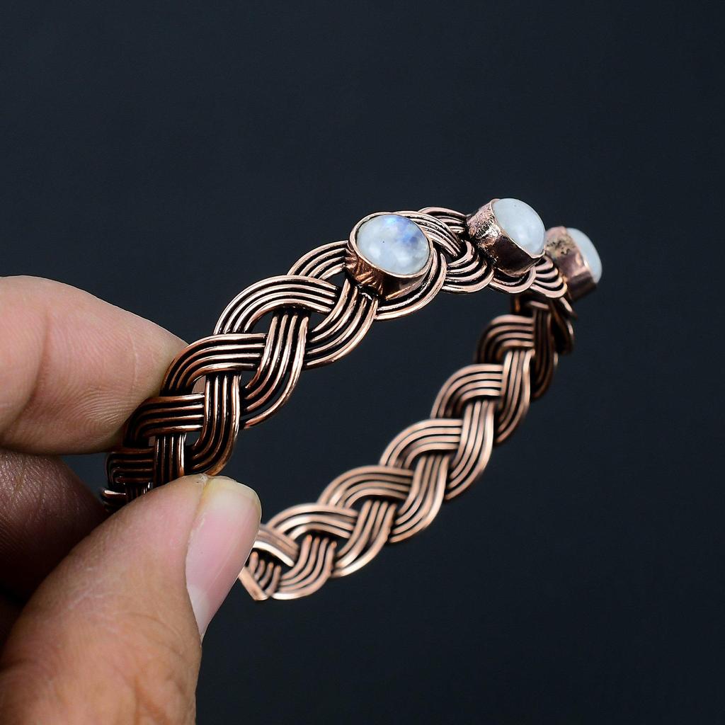 Радужный лунный камень, драгоценный камень ручной работы из чистой медной проволоки, ювелирные изделия, прекрасный браслет для любви