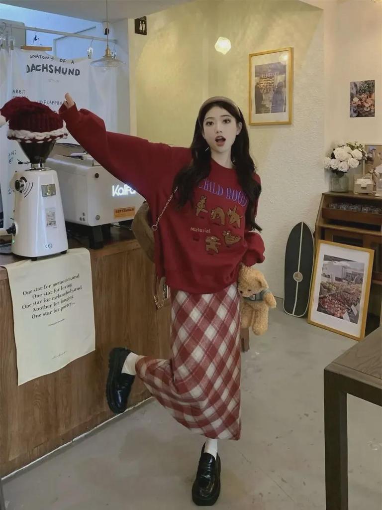 Красная шерстяная юбка в клетку с высокой талией для стройных фигур типа «груша» — корейский стиль, А-силуэт, идеально подходит для весны и осени