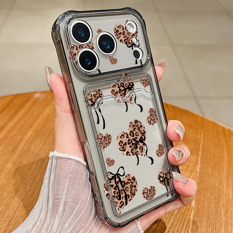Чехол TPU с кармашком для карты для iPhone 17 Pro Air 16e 16 15 14 13 Pro Max 12 11, с рисунком леопарда и сердечек, мягкая крышка для телефона