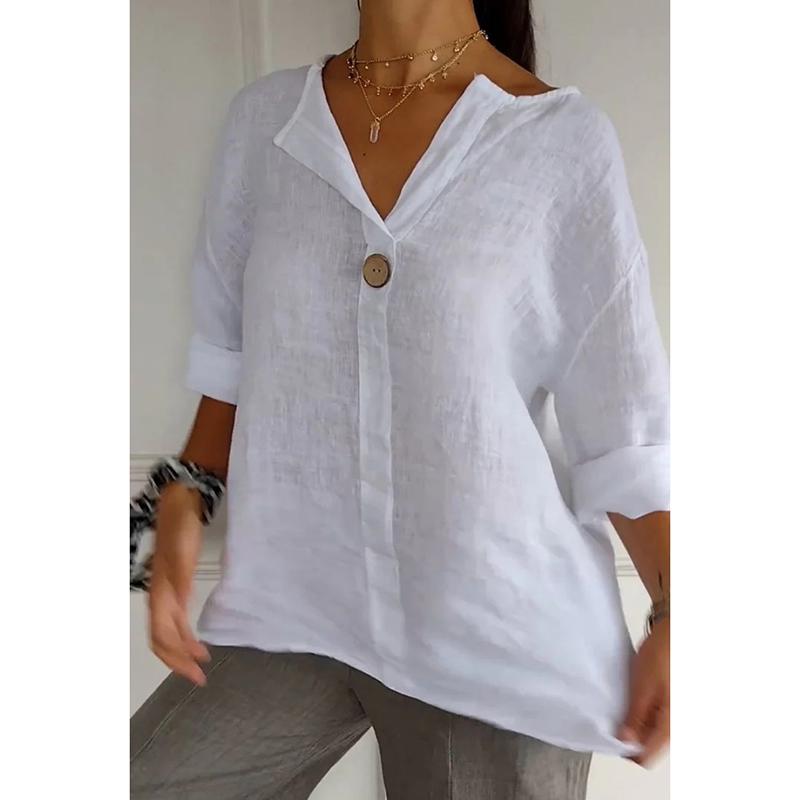 Новые летние топы, свободные повседневные рубашки с V-образным вырезом, женские хлопковые и льняные блузки с рукавом семь четвертей, женские элегантные узкие рубашки-пуловеры 26456