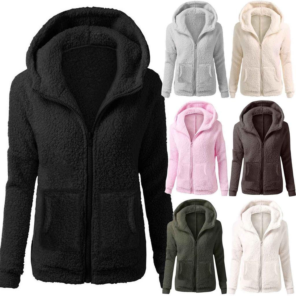 Women's Fashion Solid Colour Sweatshirt Loose Hooded Plush Zip Up Jacket Top