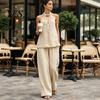 Polyester Fiber Suit Summer 2 Piece Sets for Women, Halter V Neck Backless Top Soft Fabric Women Set And Wide Leg Pants Matching Set, Casual