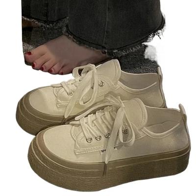 Обувь парусиновые кроссовки на платформе женские 2024 мода толстая подошва новые повседневные флок с перекрестной завязкой круглый носок ткань шнуровка сплошной резиновый