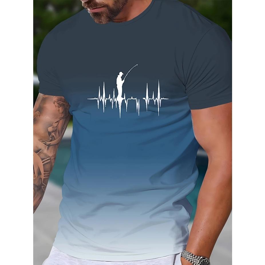 Яркий стиль| Футболка с градиентным рыболовным принтом для мужчин больших и высоких размеров - Повседневная полиэстеровая футболка с коротким рукавом, Летний принт с рыболовной экипировкой и сердцебиением, БОЛЬШОЙ РАЗМЕР