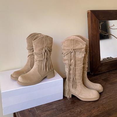 Ботинки из коровьей кожи~ осенне-зимние с бахромой, на толстом каблуке, средней высоты, ковбойские, женские ботфорты