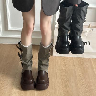 Мода Зимняя Мода Туфли на Платформе Женские Рыцарские Сапоги Модная Пряжка-Ремень Обувь Слипоны Женские Элегантные Ботильоны до Середины Икры