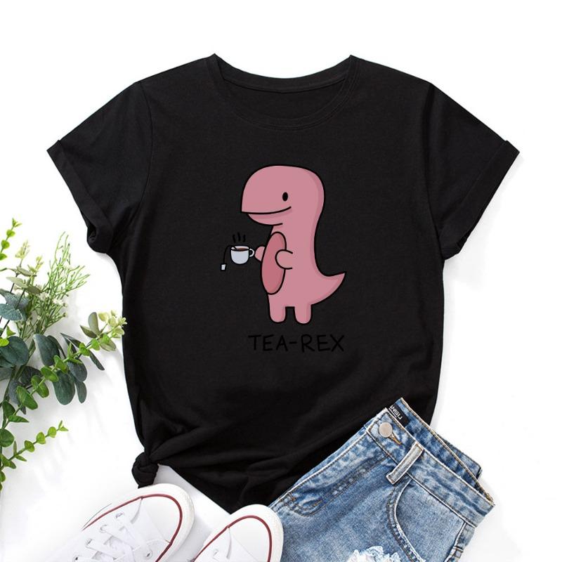 Summer Women's Pink Printed Dinosaur Pure Cotton Loose Round Neck Short Sleeved T-Shirts Women’s