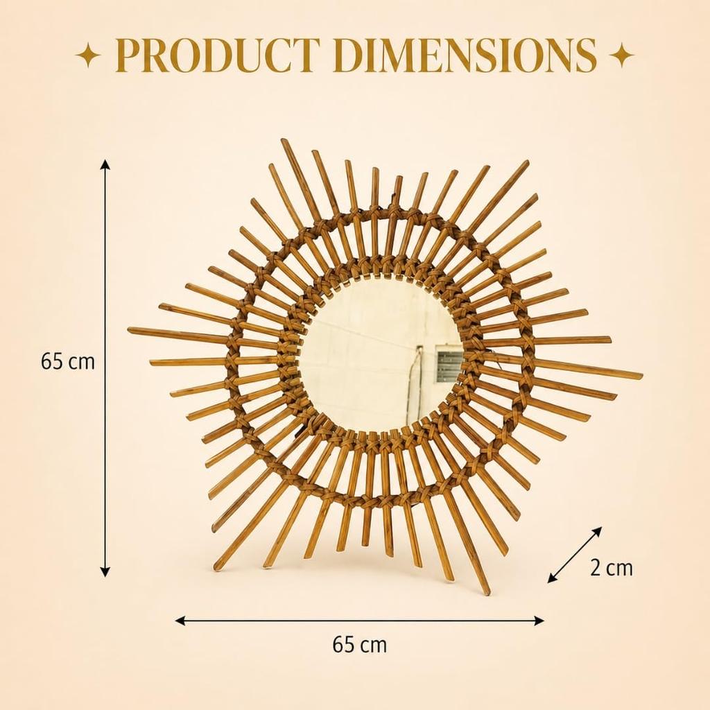 Eco Decx Handcrafted Rattan Sunburst Wall Mirror, Boho Round Cane Hanging Mirror for Bedroom, Bathroom & Living Room Decor, 65 x 2 x 65 cm