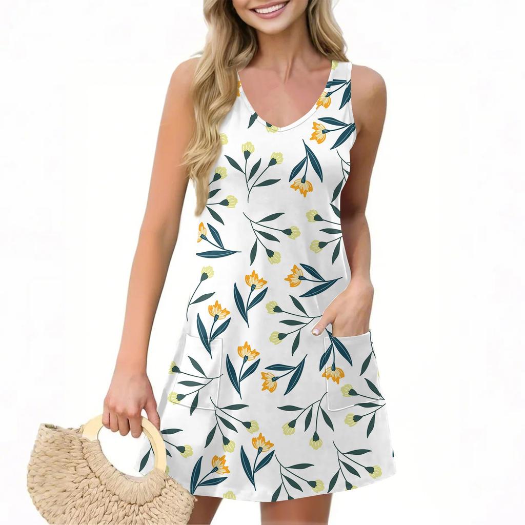Женское повседневное летнее платье-жилет с карманами, цветочным принтом, V-образным вырезом, без рукавов