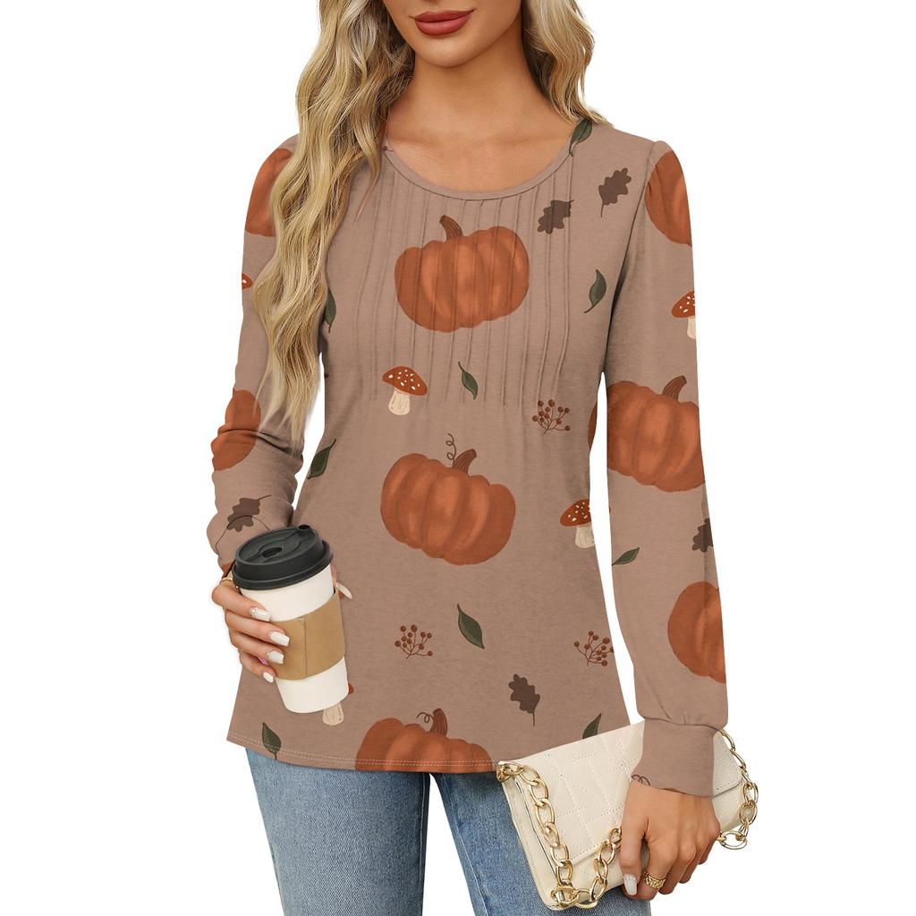 Long Sleeve Shirts For Women Cute Print Graphic Tees Blouses Dressy Casual Blouses Pleated Scooped Neck Tunic Tops Halloween
