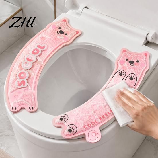 Non Marking Adhesive Toilet Seat Cover 1 Pair with Cooling Gel Particles, Cute Cartoon Bear Design, Waterproof Universal Fit Pad Soft Rubber