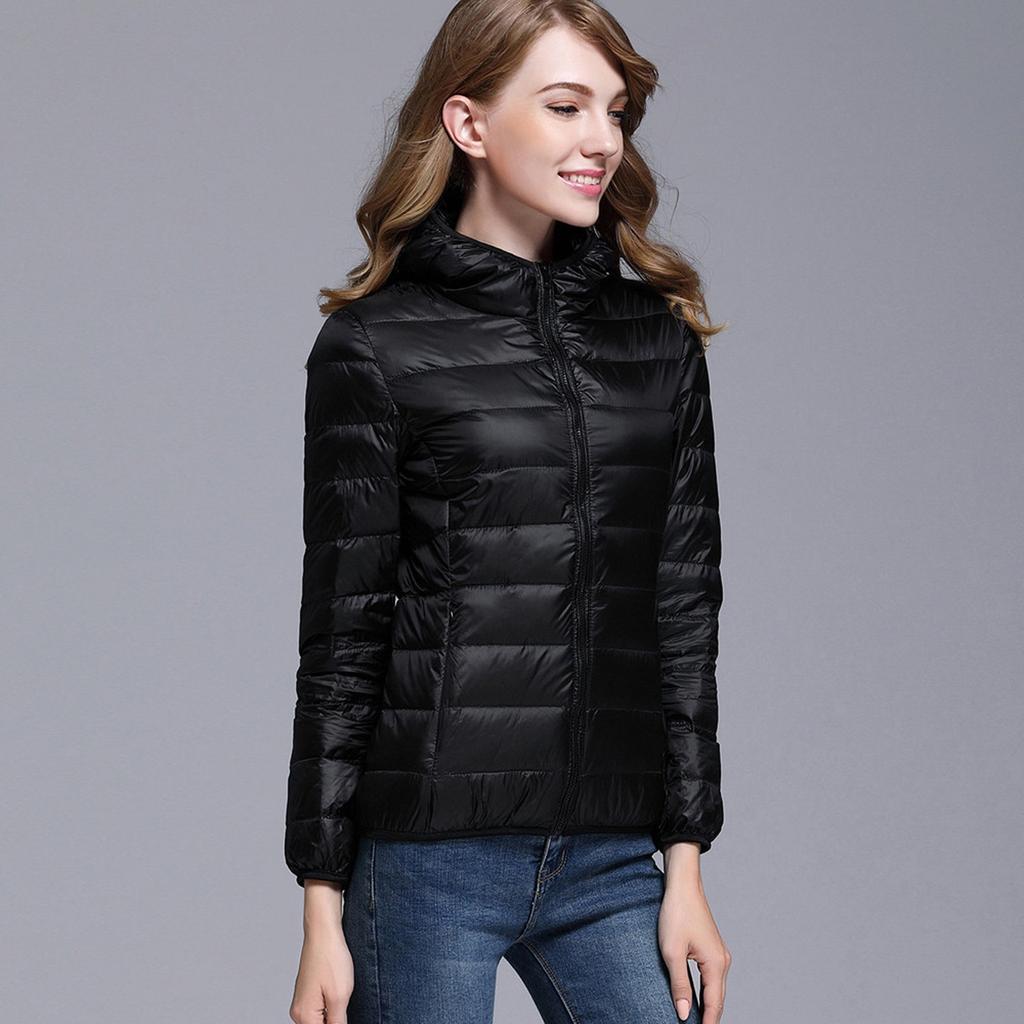 Women Color Ultra Light Jacket Solid Hooded Zippers Coat Down Jacket
