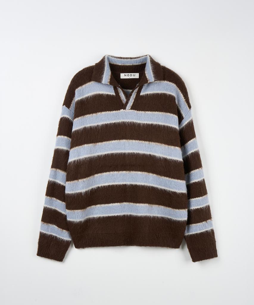 NODU Open Collar Striped Brush Knit [Brown]