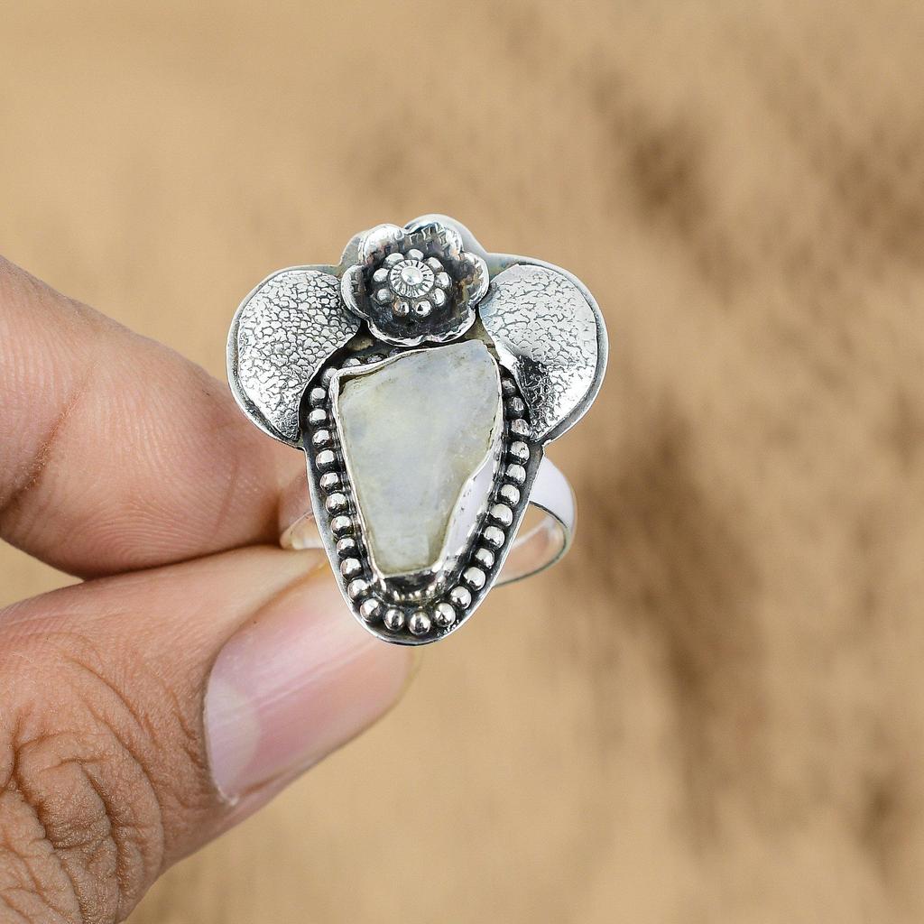 925 Sterling Silver Natural Rainbow Moonstone Rough Promise Handmade Flower Ring