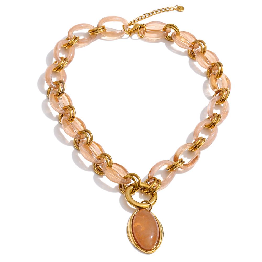Yhpup Resin Acrylic Handmade Chain Oval Pendant Fashion Statement Necklace 18K Golden PVD Plated Trendy Waterproof Jewelry Gift