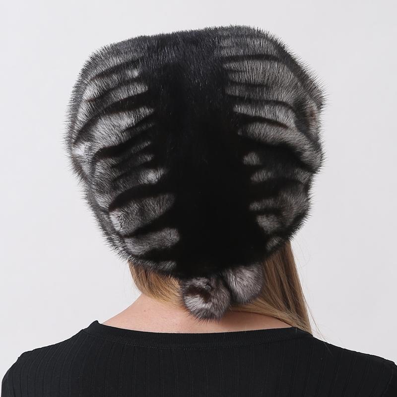 Women's Winter White Snow Hat Luxury Natural Mink Fur Christmas Hat, Warm Soft Fluffy Trapper Cap for Outdoor Cold Weather