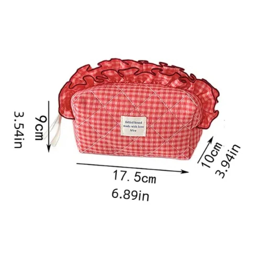 with Zipper Cosmetic Cases Plaid Pattern Toiletry Organizer Sweet Ruffle Makeup Bag Girl
