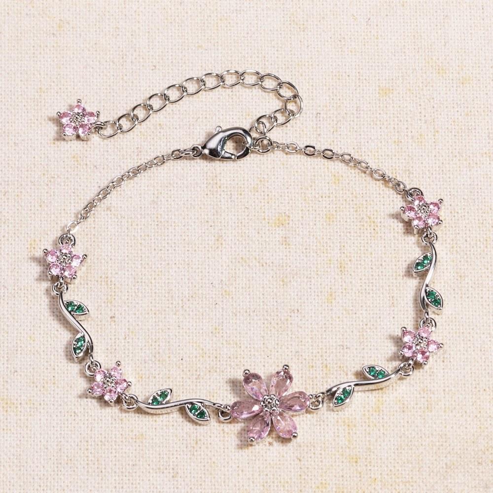 2026 New Korean Light Luxury Trendy Diamond-Inlaid Five-Petal Flower Branch Leaf Women's Bracelet Creative Versatile Flower