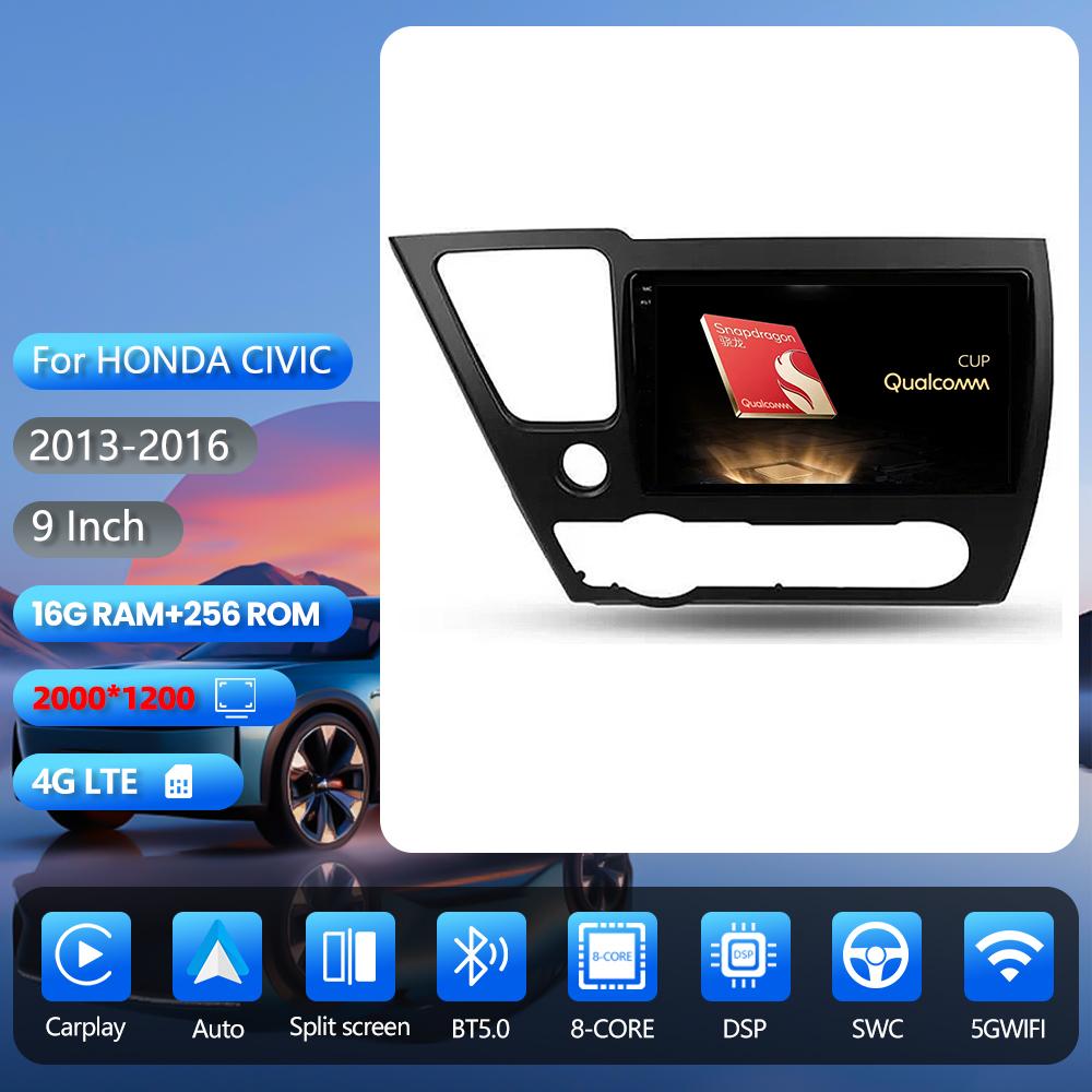 Autoradio multimédia RSNAVI Android 16 pour Honda Civic 9 2013-2016, Carplay, contrôle par application, 2DIN, WiFi+4G