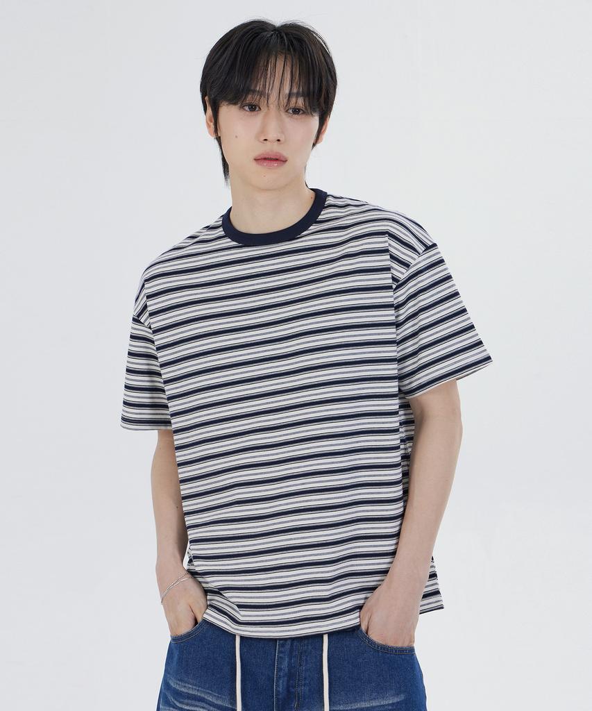 GLW [Unisex] Striped Short Sleeve T-Shirt Navy