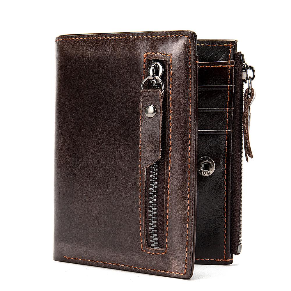 Men's Genuine Oil Waxed Leather Wallet Rfid Anti-theft Swipe Card Bag Multi-card Position Retro Personalized Zipper Wallet