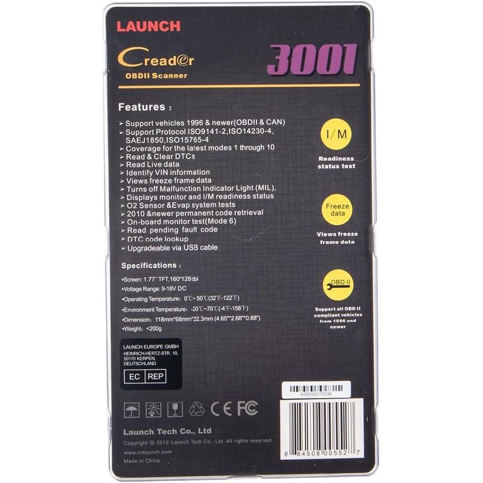LAUNCH Creader 3001 OBD2 Сканер, Читатель кодов неисправностей двигателя Режим 6 CAN Диагностический сканирующий инструмент Для всех автомобилей с протоколом OBDII с 1996 года, Бесплатно пожизненно