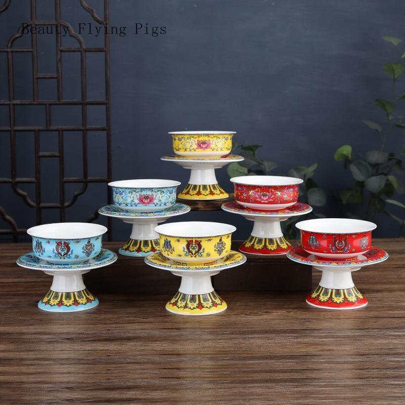 Керамическая чаша в форме лотоса, окрашенная эмалью, буддийский храм, храм, чаша для воды, восемь благоприятных украшений фэн-шуй буддизм