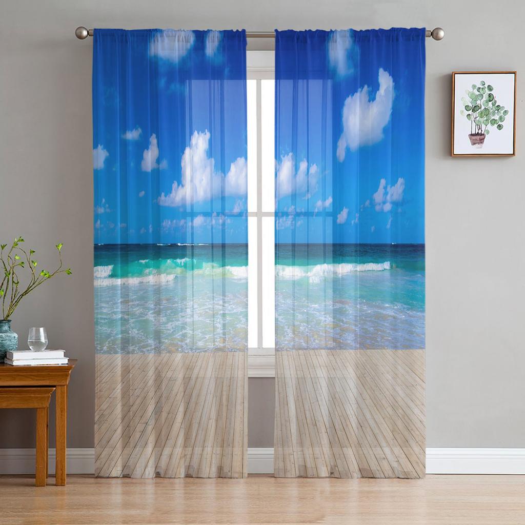 Beach Blue Sky White Clouds Sheer Curtains Modern Gauze Curtain for Living Room Bedroom Voile Yarn Curtains