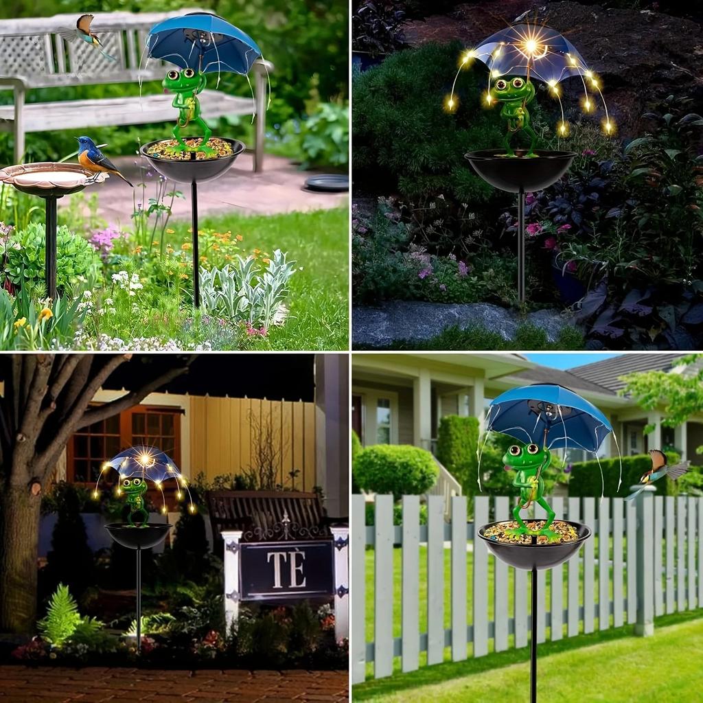 Solar LED Light Bird Feeder Outdoor Decor Lamp Frog Figurine Feeding Station Decorative Waterproof Lighting for Patio Courtyard
