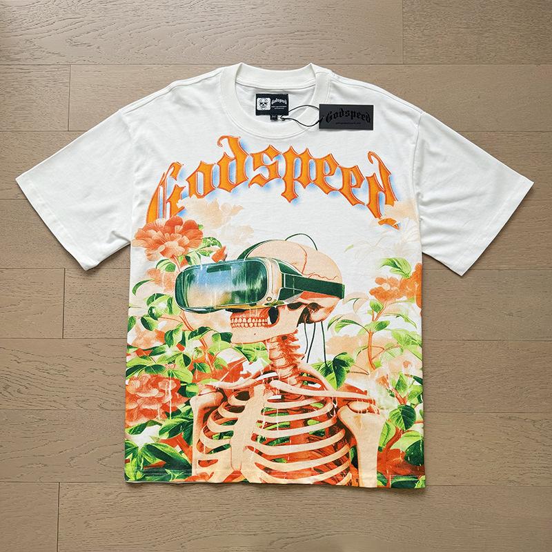 New Meichao Godspeed Skull Rock Band Crew Neck Wash Black Short Sleeve T-Shirt Couple Same Style
