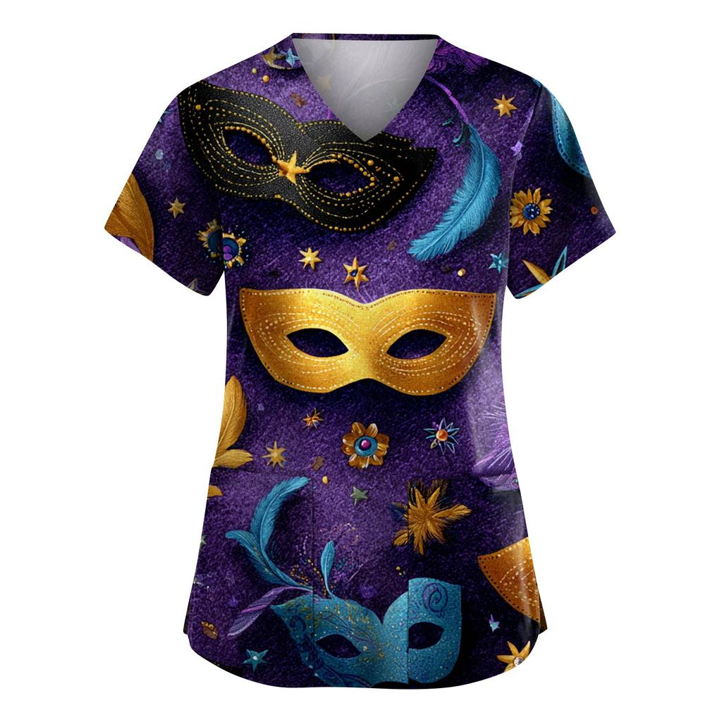 Женская модная рабочая одежда с V-образным вырезом и короткими рукавами, с карманами, топ с карнавальным принтом, униформа для сиделки