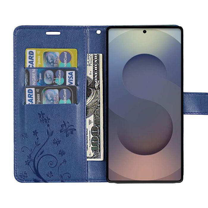 Coque pour Samsung Galaxy S25 Ultra - BOOLING - Synthécuir Relief Floral Artistique Bleu Foncé - 2 Verres Trempés