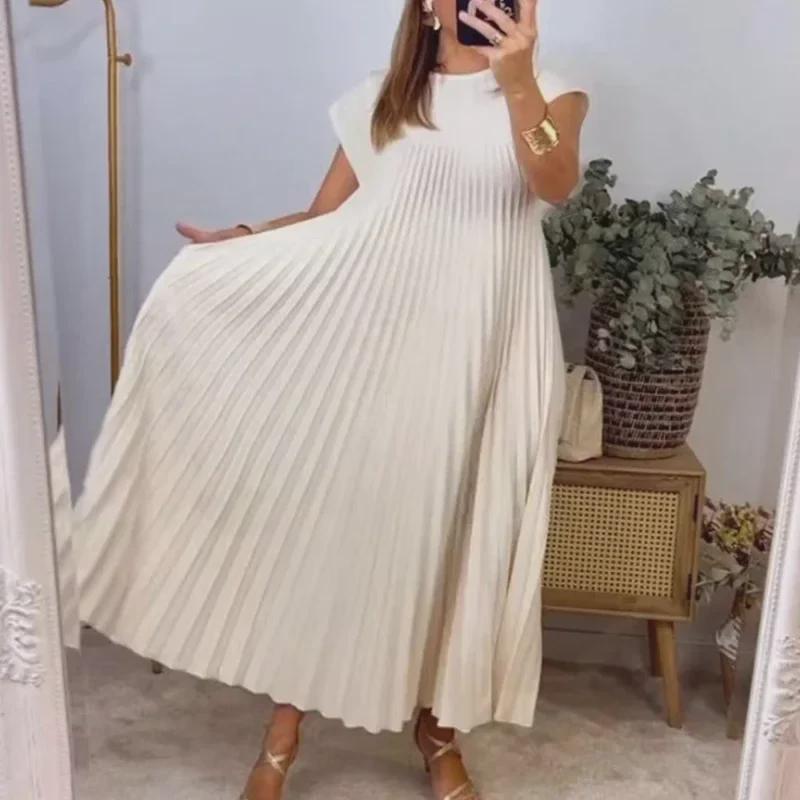 2024 Autumn/Winter European & American Fashion Sleeveless Pleated Maxi Dress