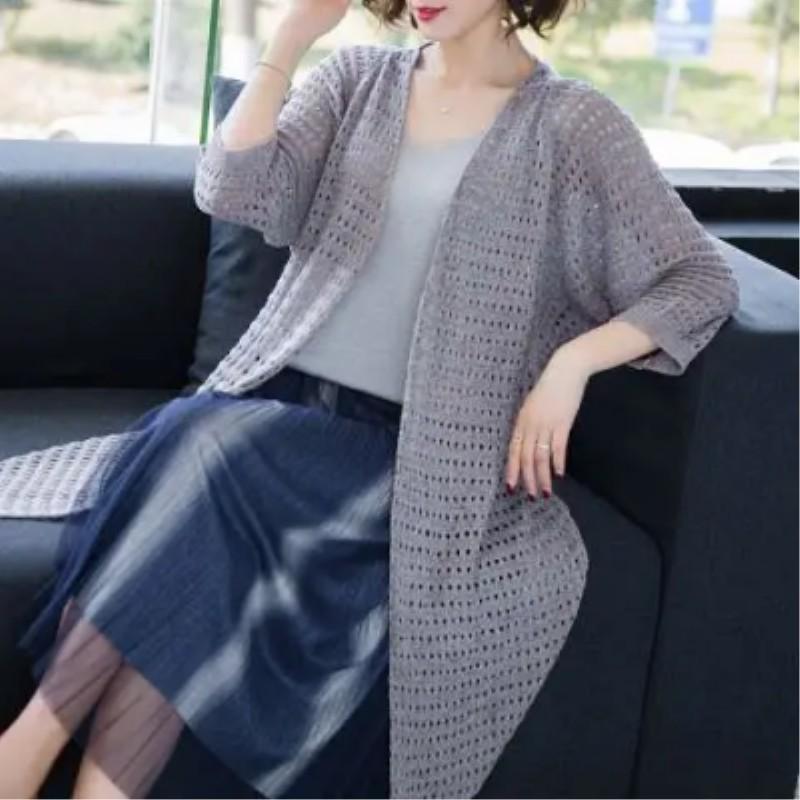 Women's Spring and Summer Solid Color Mid-length Hollowed Out Cardigan Elegant Casual Knitted Sunscreen Jacket