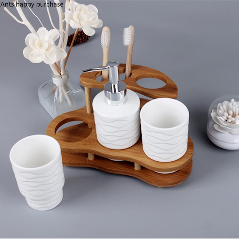 Белый керамический набор для ванной комнаты из 3 предметов, деревянная рамка, бутылочка для лосьона, стаканчик для рта, деревянный держатель для зубных щеток, принадлежности для ванной комнаты, набор для мытья