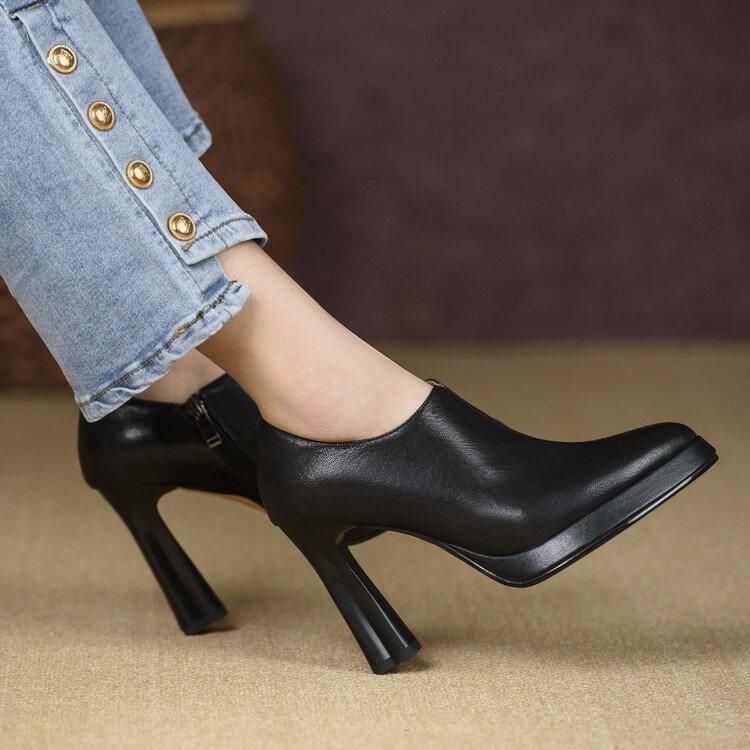 2026 new thick heel high heel single shoes pointed British style small leather shoes retro deep zipper high heels