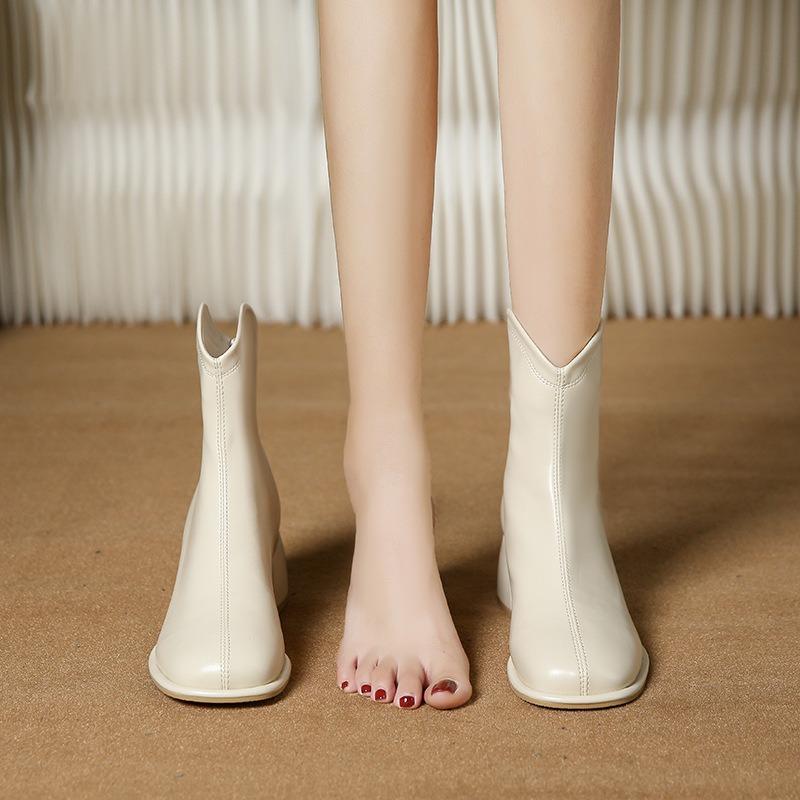 V-neck Short Boots for Women, Thick Heel, Square Toe, Back Zipper, Big Boots