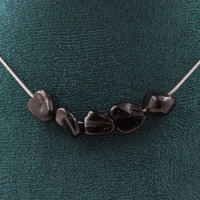 Stones and Minerals. Necklace 5 Pearls Tourmaline Schorl from Brazil Steel Chain Necklace for Women, Men. Customizable Size.