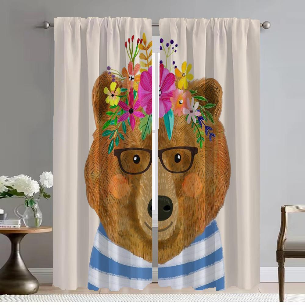 Домашние шторы для гостиной с цветочным рисунком, друзья-животные, украшение на Хэллоуин, шторы для окон, кухонные шторы, 2 штуки, детские