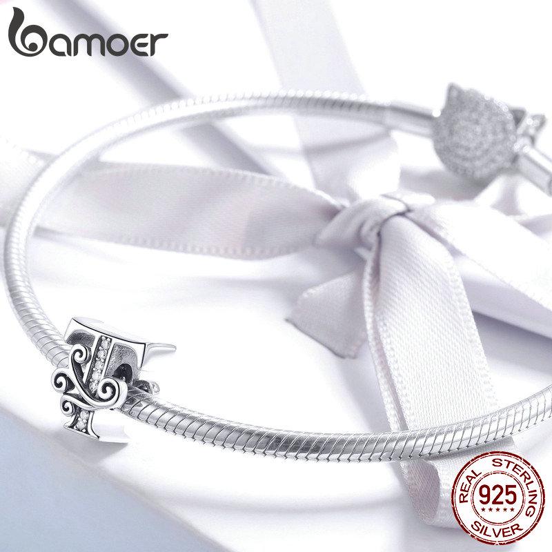 BAMOER Натуральная стерлингового серебра 925 пробы Буква T Алфавитные бусины Подвески подходят для браслетов и браслетов DIY