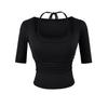 Fake two pieces neck middle sleeve T-shirt women's summer new American Spice Girl style solid color slim fit top with chest pad