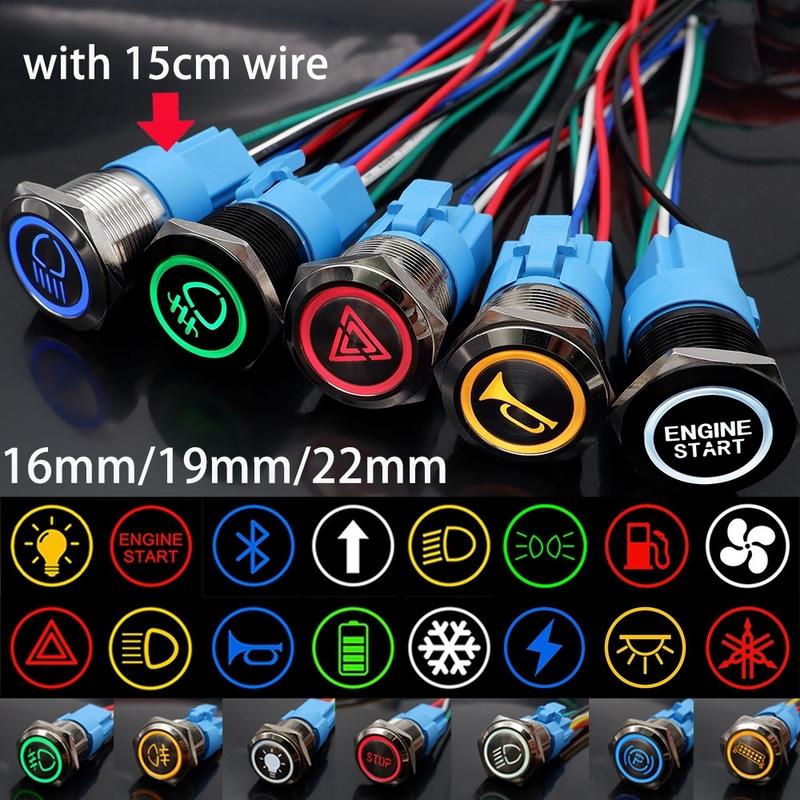 16/19/22mm ized Metal Push Button Switch with Socket Start Stop For Car Boat Fog Black/Silver Waterproof LED Light 12V 24V