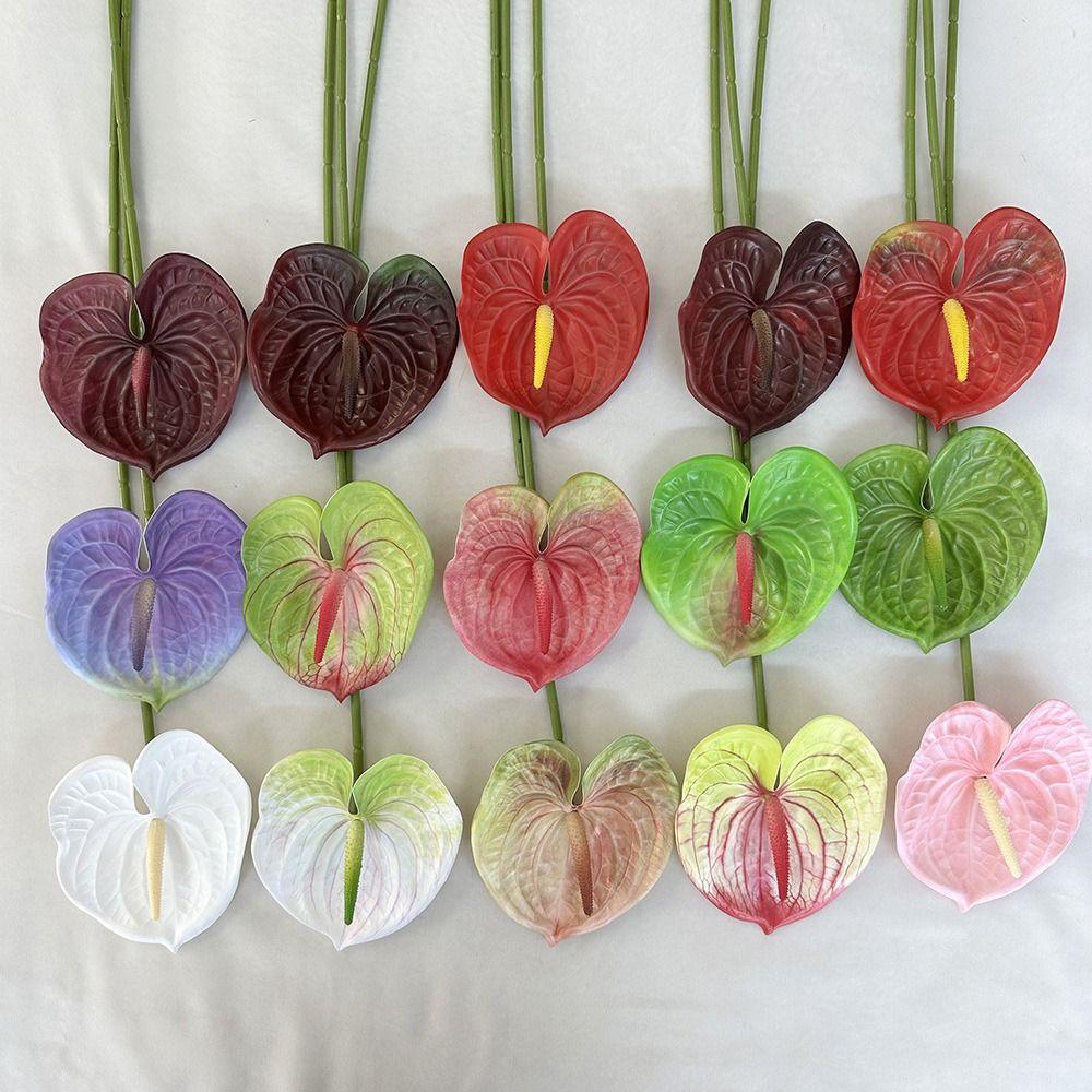 Soft Rubber Artificial Small Anthurium 60cm Simulation Plant Faux Red Palm  Home Decoration