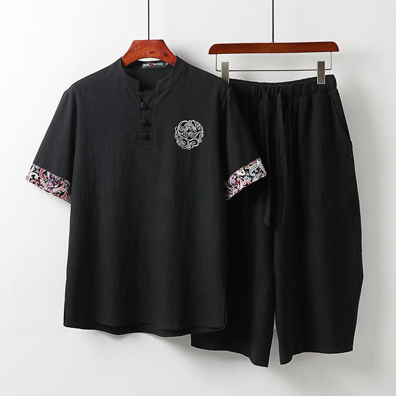 Мужская летняя футболка с тонкими пуговицами, льняной костюм с короткими рукавами, модный китайский стиль, мужской хлопок и лен, комплект из двух предметов с воротником-стойкой в ​​стиле ретро