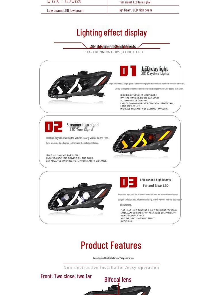 Светодиодная фара в сборе для Honda Civic 9-го поколения (2012-2015) со светодиодными ДХО в стиле Lamborghini и динамическими поворотниками